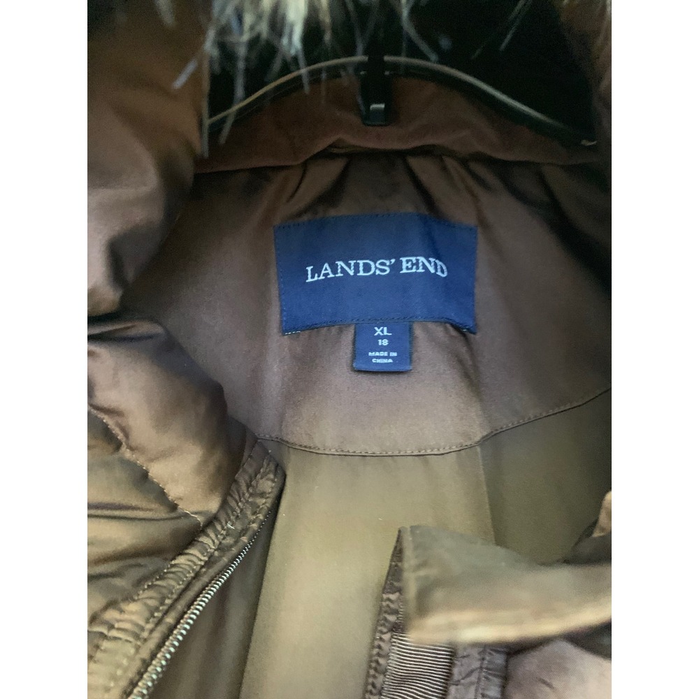 Lands End Womens XL 18 Brown Down Quilted Puffer Coat Faux Fur Hood Jacket - Picture 4 of 11